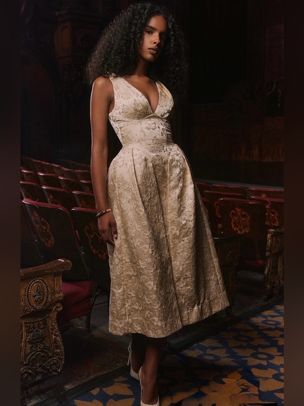House of CB Paloma ivory metallic jacquard midi dress